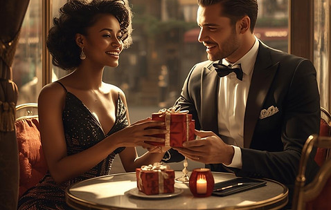 a very good looking black woman sitting at a cafe in grease with  beautiful white man. gla