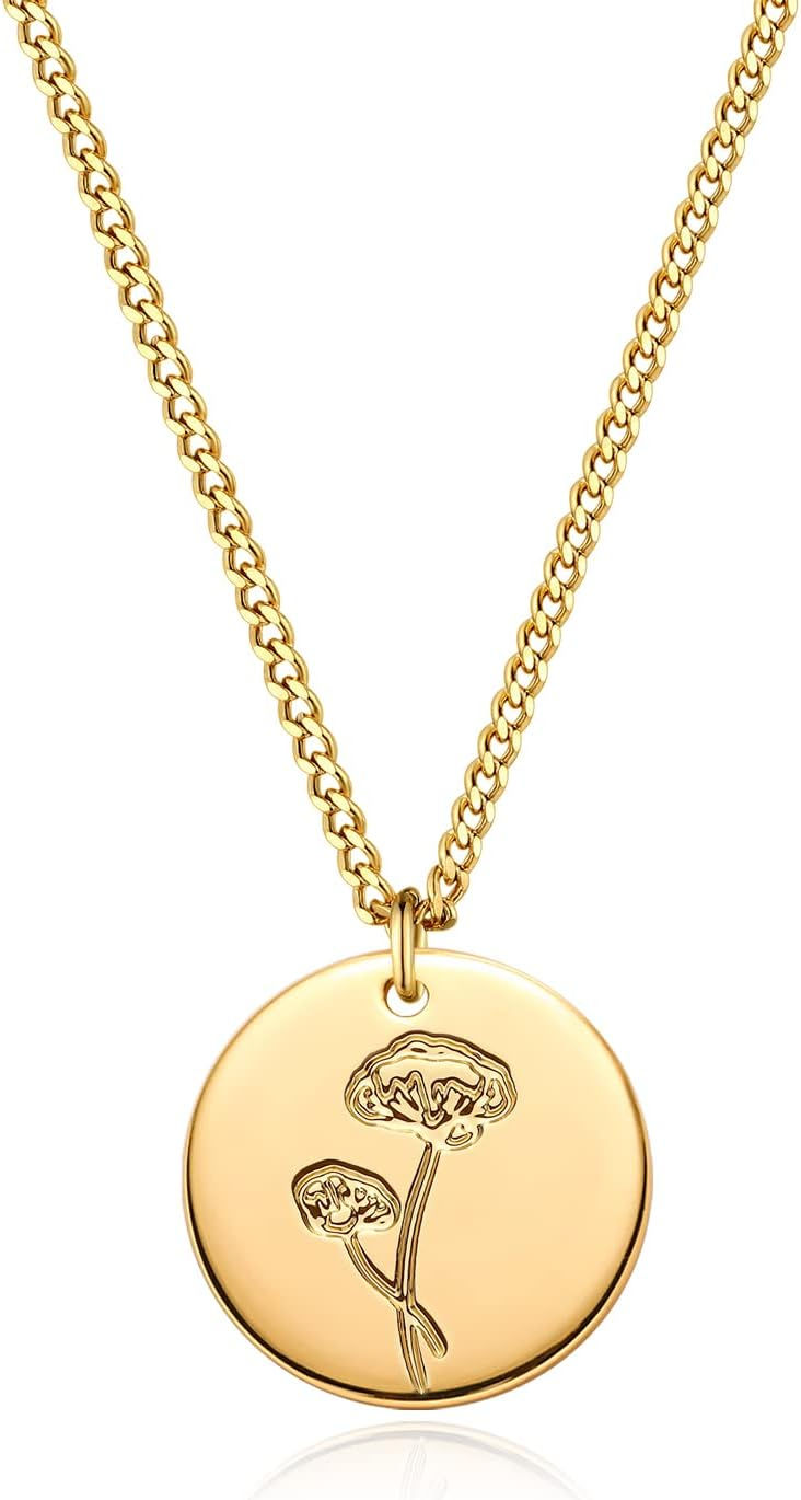 Thumbnail: MEVECCO Birth Flower Necklace 18k Gold Custom Floral Pendant Necklaces Dainty B