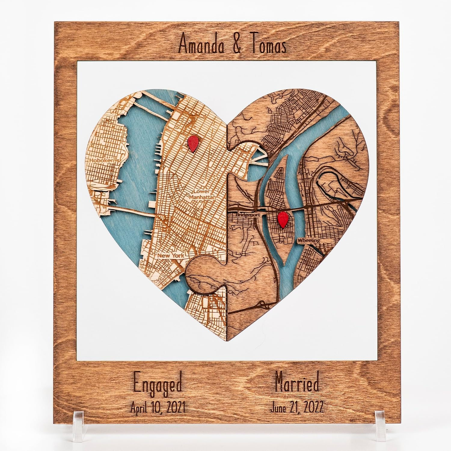 Met Engaged Married Map 3D Wooden Wall Art - Custom Location Heart Map Wall Dec