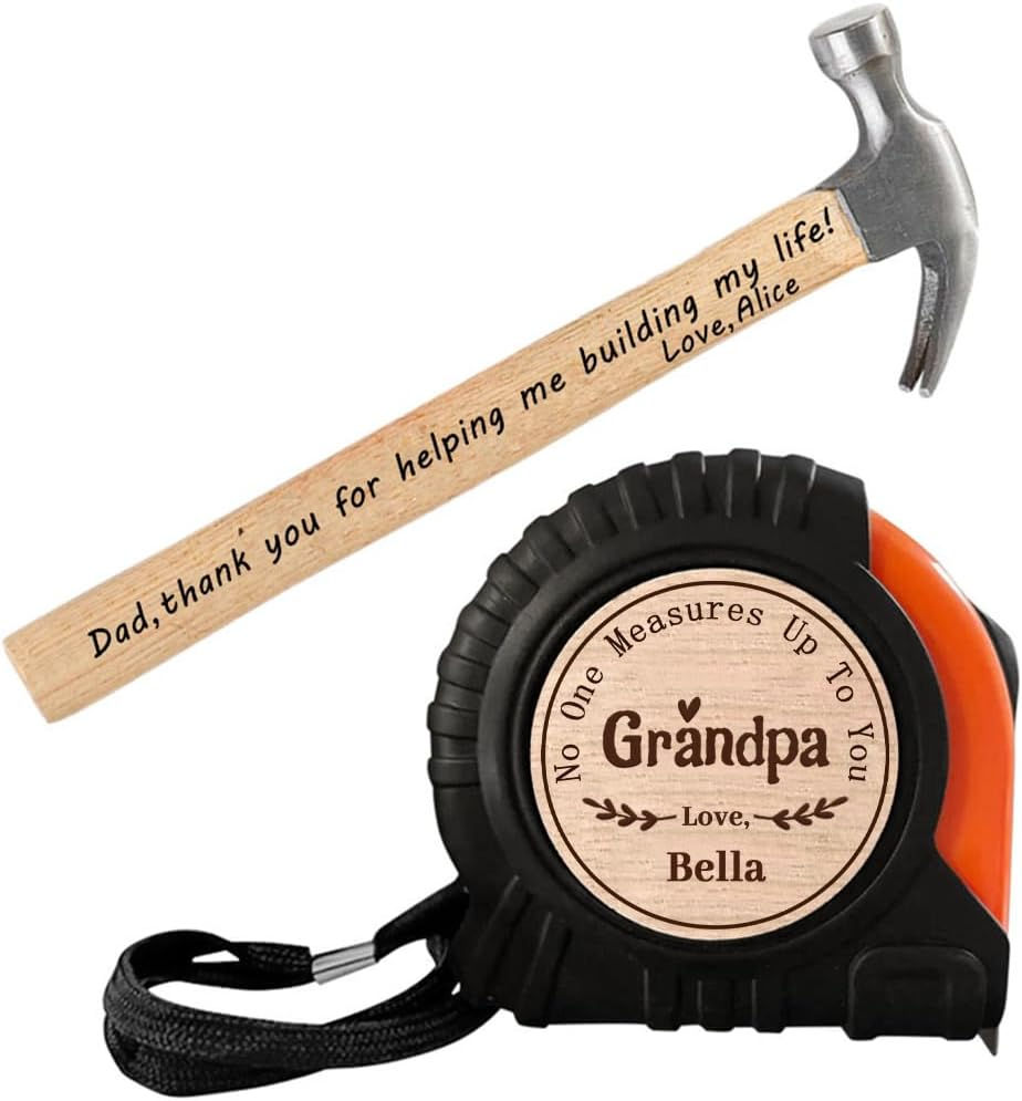 Thumbnail: Fathers Day Hammer Set Gift,Engraved Wood Handle Hammer & Mini Tape Measure Key