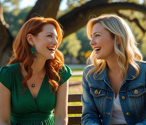 two women sisters in their 30s chatting on a bench at a park.jpg