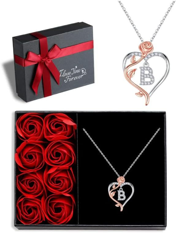 Thumbnail: Iefil Rose Heart Necklaces Gifts for Women - 925 Sterling Silver Rose Heart Ini
