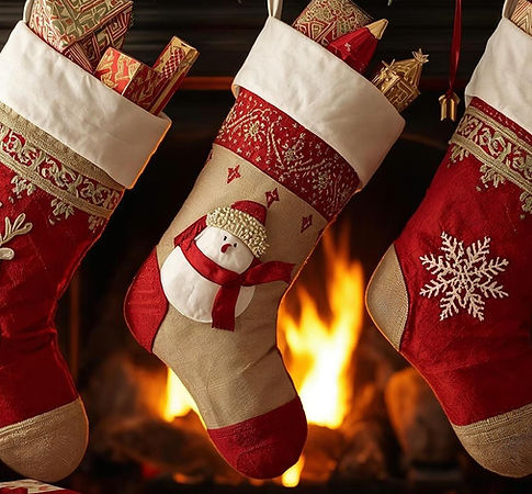 beautiful hree christmas stocking on the fire place with lots of gifts for womengifts (1).