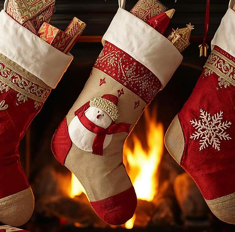 beautiful hree christmas stocking on the fire place with lots of gifts for womengifts (1).