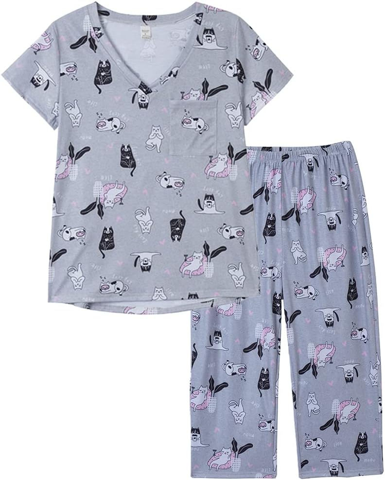 Thumbnail: YIJIU Women's Short Sleeve Tops and Capri Pants Cute Cartoon Print Pajama Sets