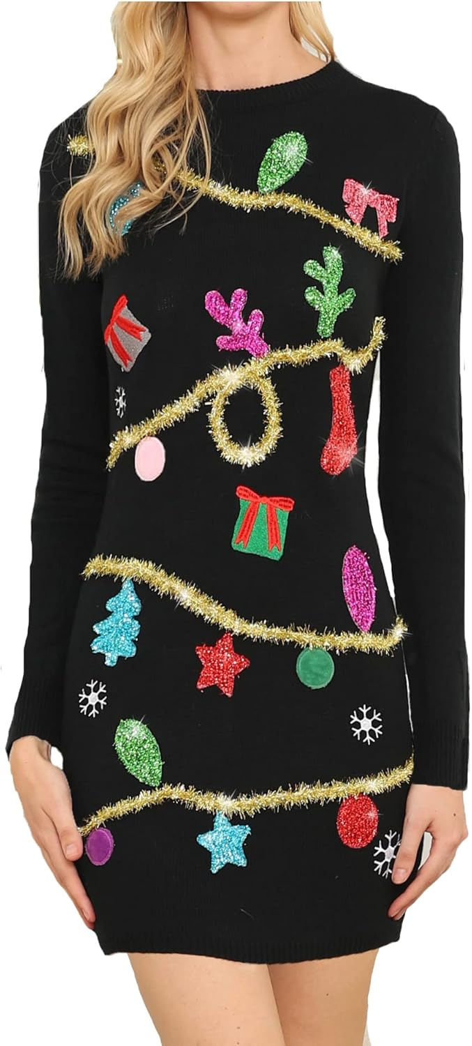 Thumbnail: v28 Varied Ugly Christmas Sweater for Women Funny Reindeer Knit Sweaters Dress
