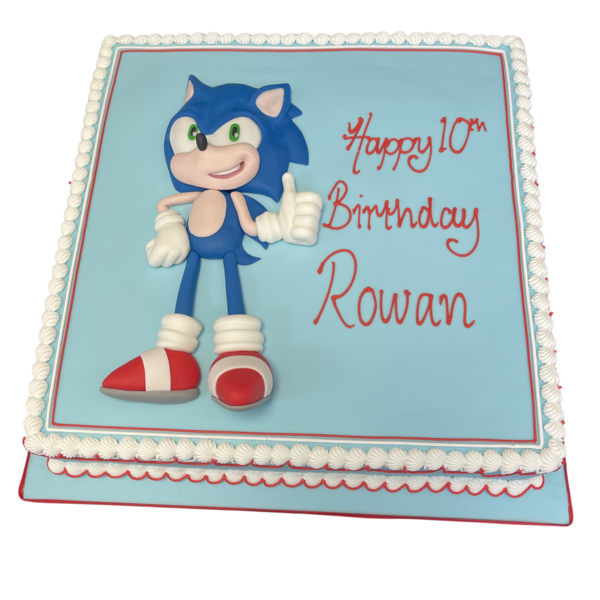 Bespoke Sonic the Hedgehog cake with blue icing and character details, crafted for a celebration in Solihull, West Midlands.