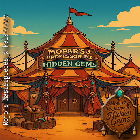 Near the center of the market stands Mopar’s & Professor B’s Hidden Gems, a grand pavilion stitched together from patchwork canvas and brass fixtures that gleam like old coins. Inside, rows of glass cases display relics and curiosities gathered by Mopar Ruffington, Professor Bear Beauregard, and their daring crew. Each item — from enchanted compasses to paw-engraved fossils — tells a story of adventure and discovery. The air carries the scent of parchment and desert wind, and soft music plays from a wind-up gramophone. Visitors leave not only with trinkets but with tales — because every object here has lived a life before finding its way home.