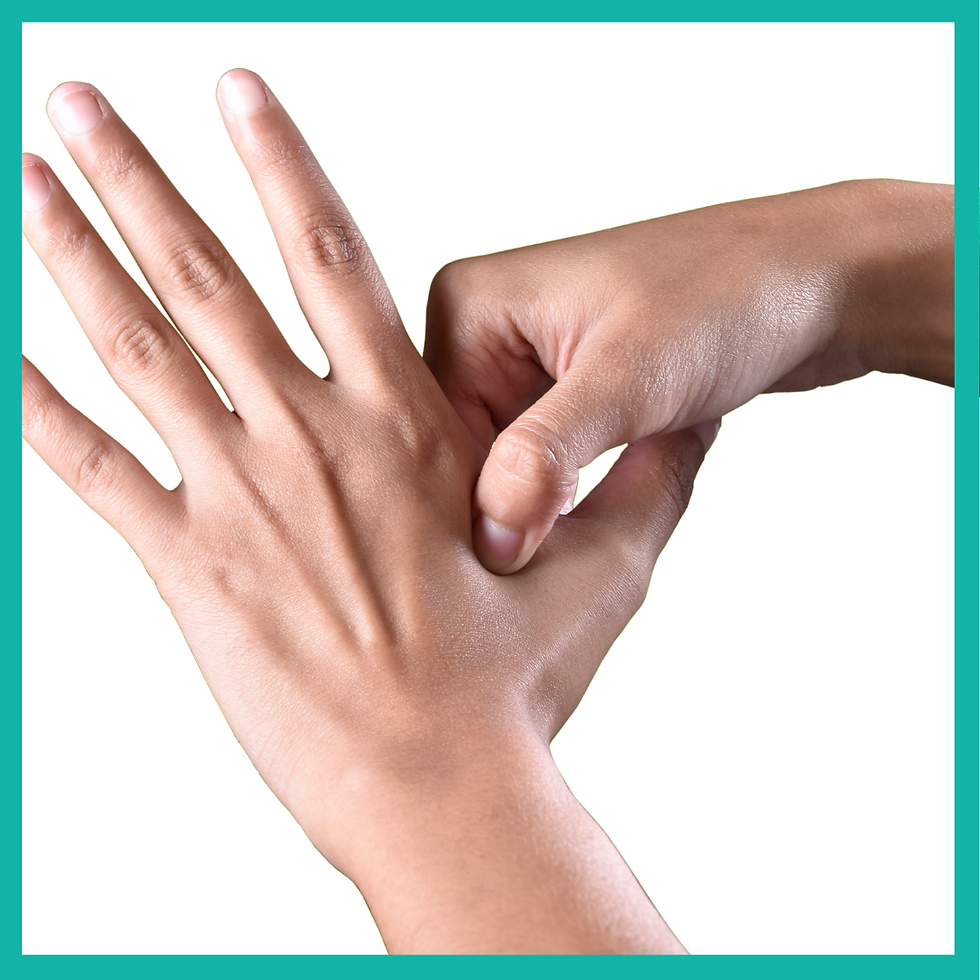 Pressing on the webbing between the thumb and the first finger for acupressure on LI 4 acupuncture point.