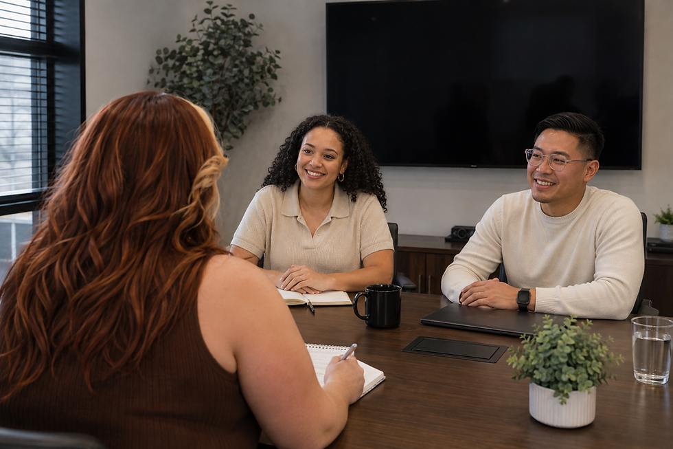 Three professionals smiling in a marketing meeting.