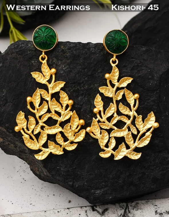 Fusion Matt Gold Polish Leaf Design Stone Earrings