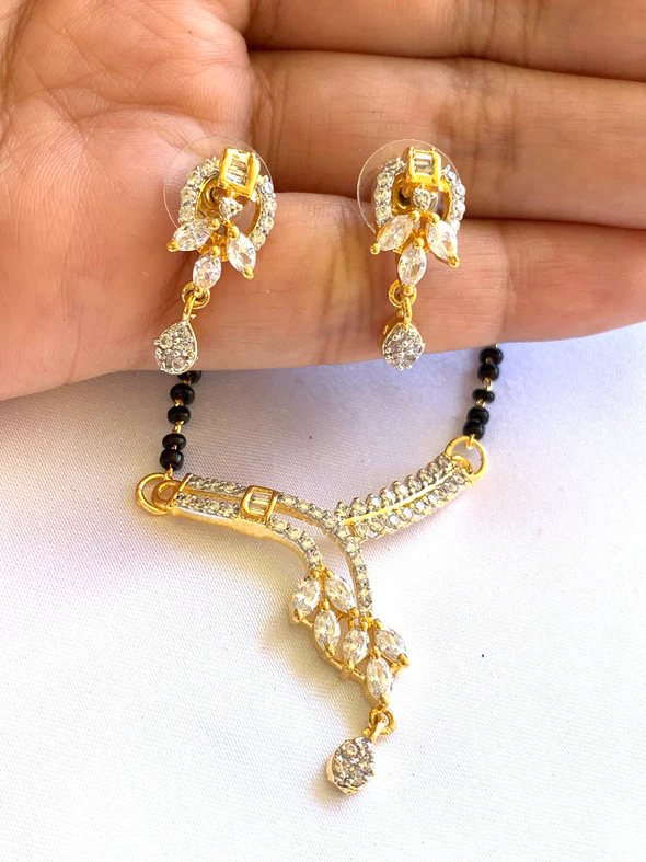 American Diamond Gold Plated Mangalsutra Pendant with Chain & Earring Set Jewell