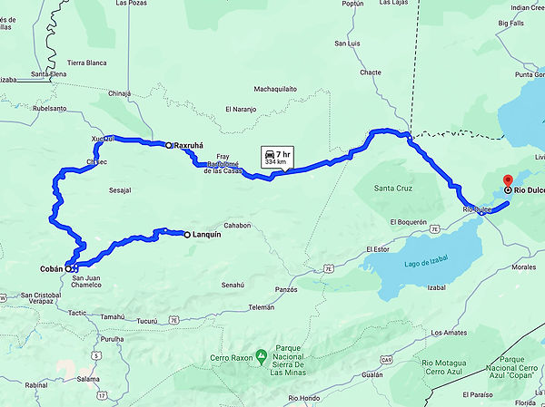 Map showing shuttle route from Lanquin to Rio Dulce Guatemala