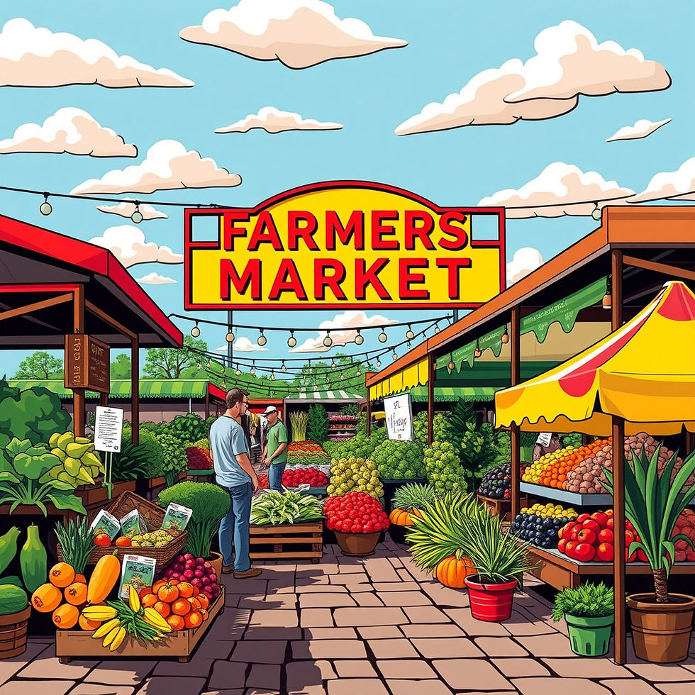 Illustrated farmers market with fresh produce stalls, Knoxville events week of August 15.