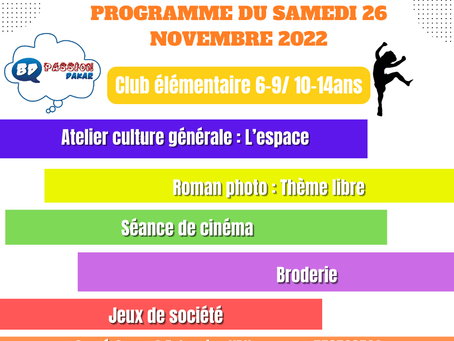 PROGRAMME SAMEDI 26 NOVEMBRE 2022/Club élémentaire (6-9/10-14) ans