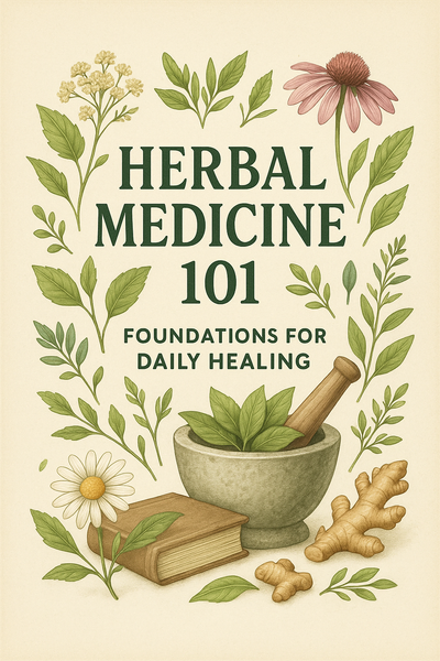 Cover for the Herbal Medicine 101: Foundations for Daily Healing Course that shows herbs, plants and equipment for practicing herbalism for daily health.