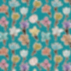 Dark blue seamless pattern featuring colorful hand‑drawn floral shapes in yellow, orange, turquoise, pink, green, brown, and white with textured brush‑style details.