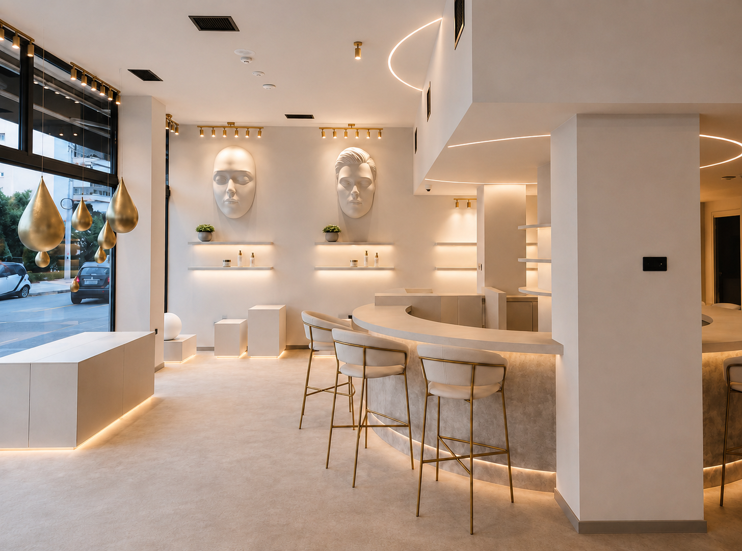 Wide interior view of the circular central bar at Vast Luxury beauty and supplement store in Elliniko, Athens, designed by V-Architects.