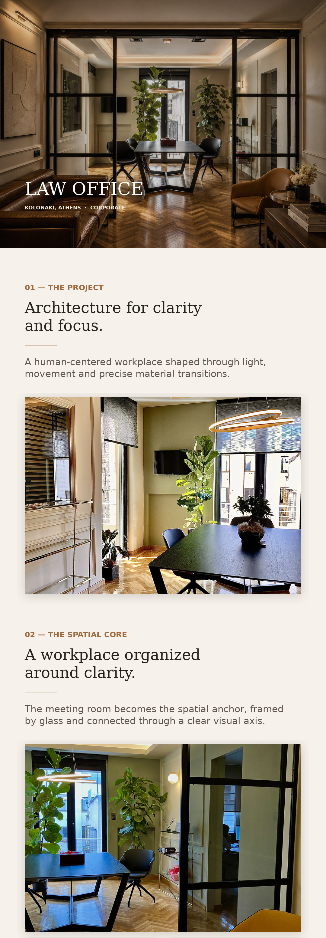 Editorial presentation of the Law Office project in Kolonaki by V-Architects, organized around clarity, focus and human-centered workplace design.
