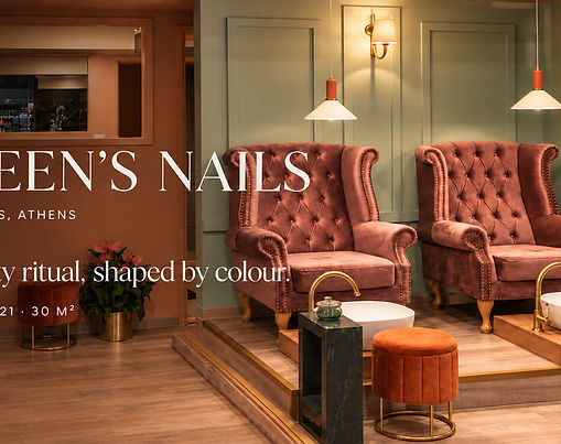 Queen’s Nails beauty salon in Cholargos, Athens — a V-Architects High Frequency Spaces™ retail project shaped through colour, brass lighting and Human-Centered Architecture.