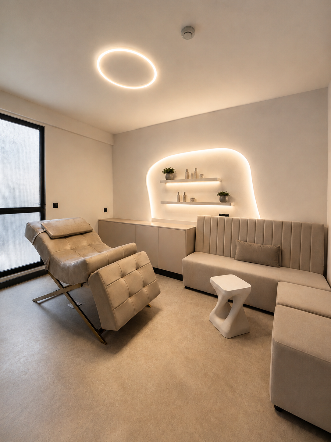 Private treatment room at Vast Luxury in Elliniko, Athens, featuring integrated lighting, soft forms and custom furnishings designed by V-Architects.