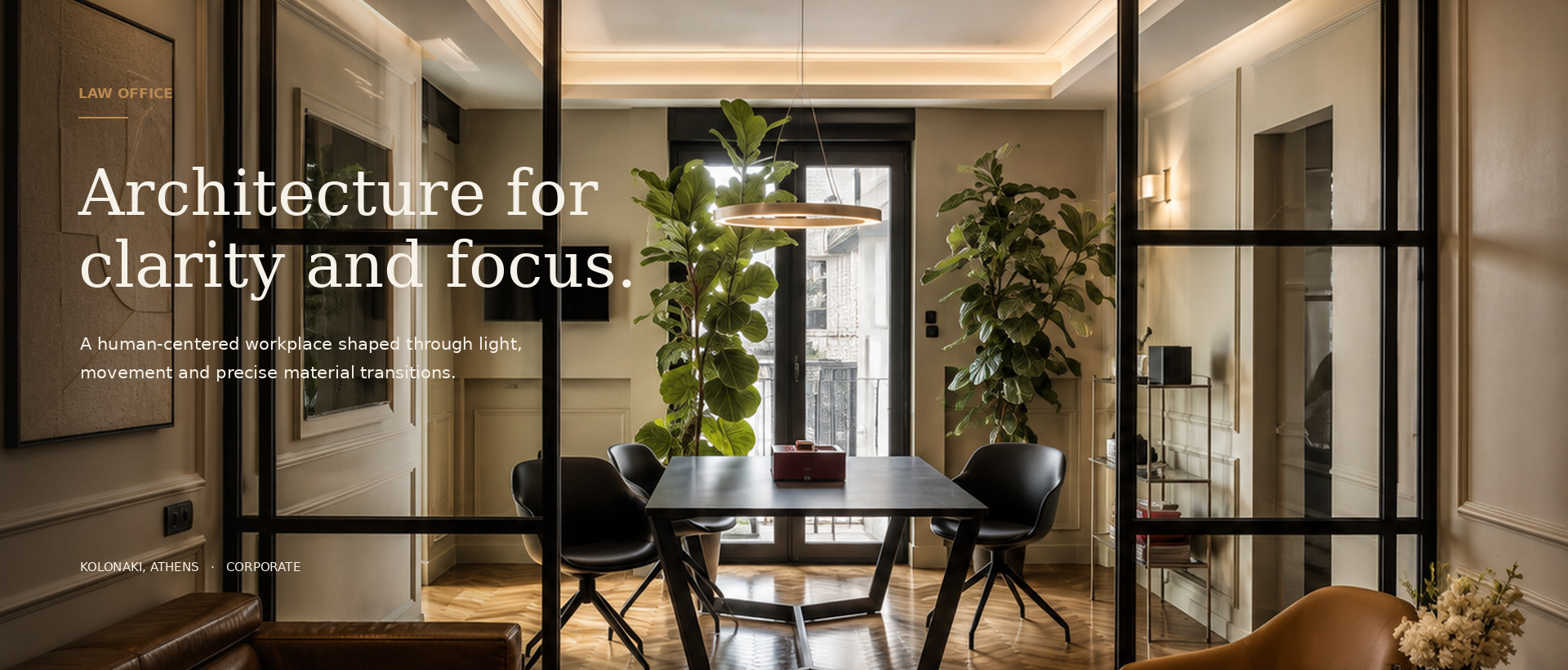 Law office in Kolonaki, Athens, redesigned by V-Architects with black steel-and-glass partitions, restored timber flooring, integrated lighting and a Human-Centered Architecture approach.