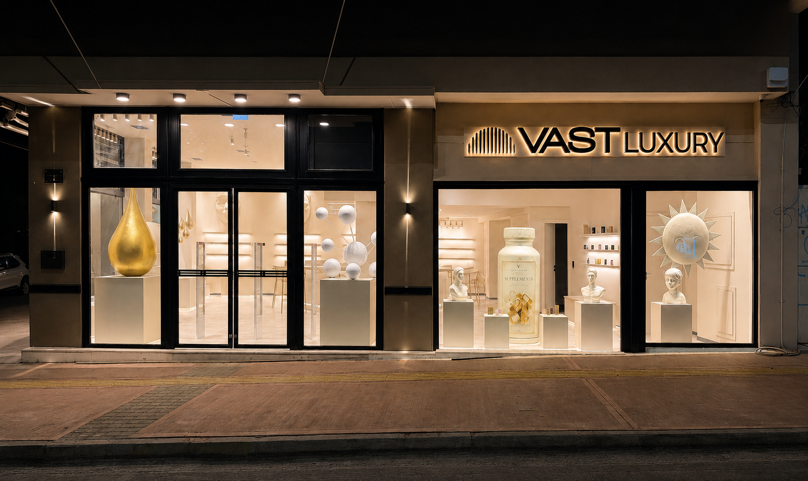 Night view of the complete Vast Luxury storefront in Elliniko, Athens, featuring illuminated custom sculptural installations designed by V-Architects.
