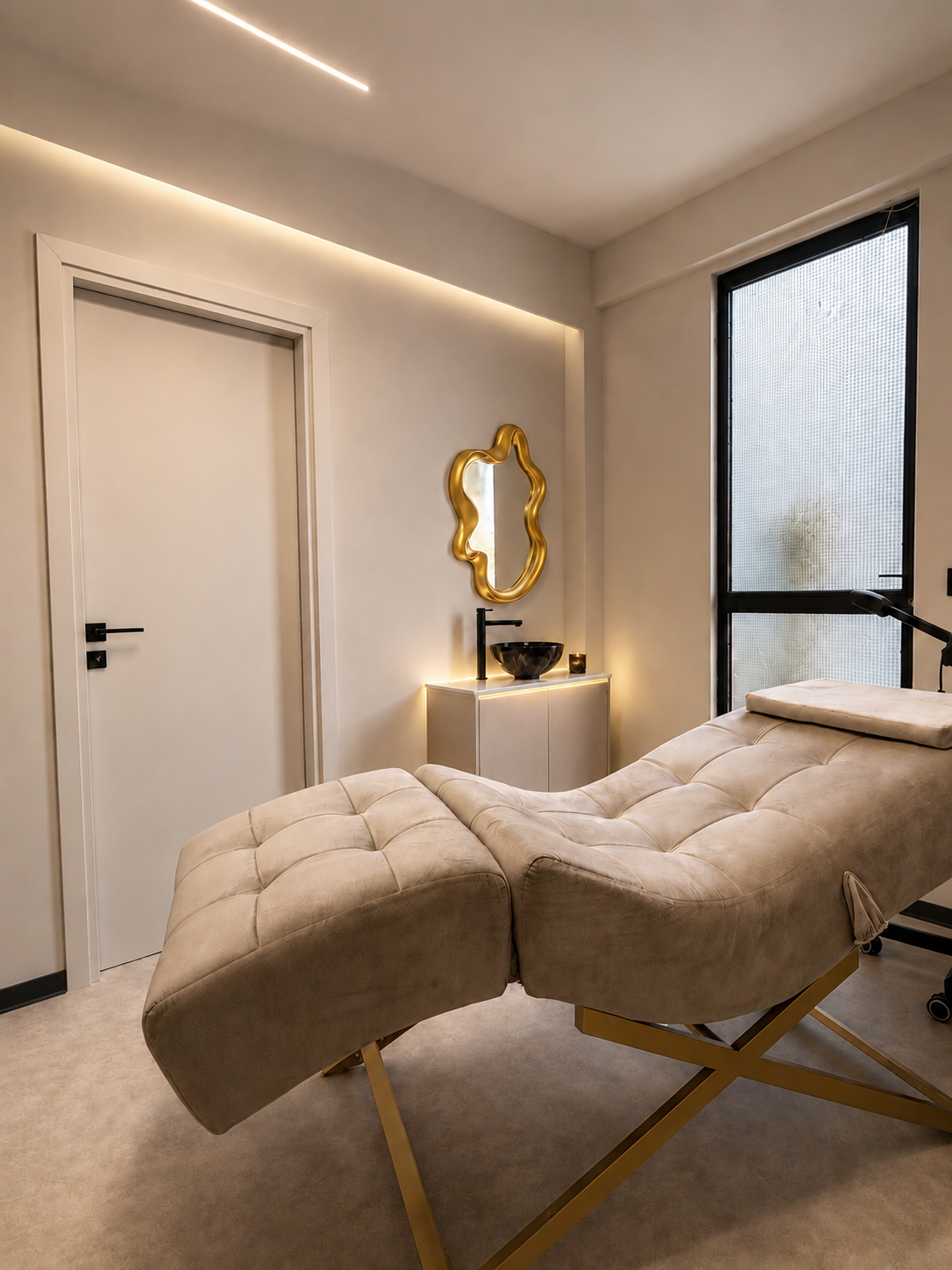 Treatment bed, sculptural gold mirror and illuminated basin area inside the private room at Vast Luxury, designed by V-Architects.