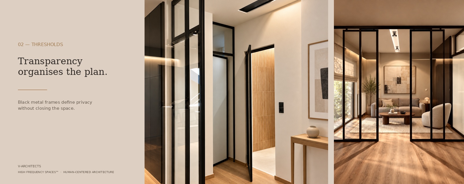 Residence–Office Elliniko by V-Architects — residential lounge behind black metal and glass partitions