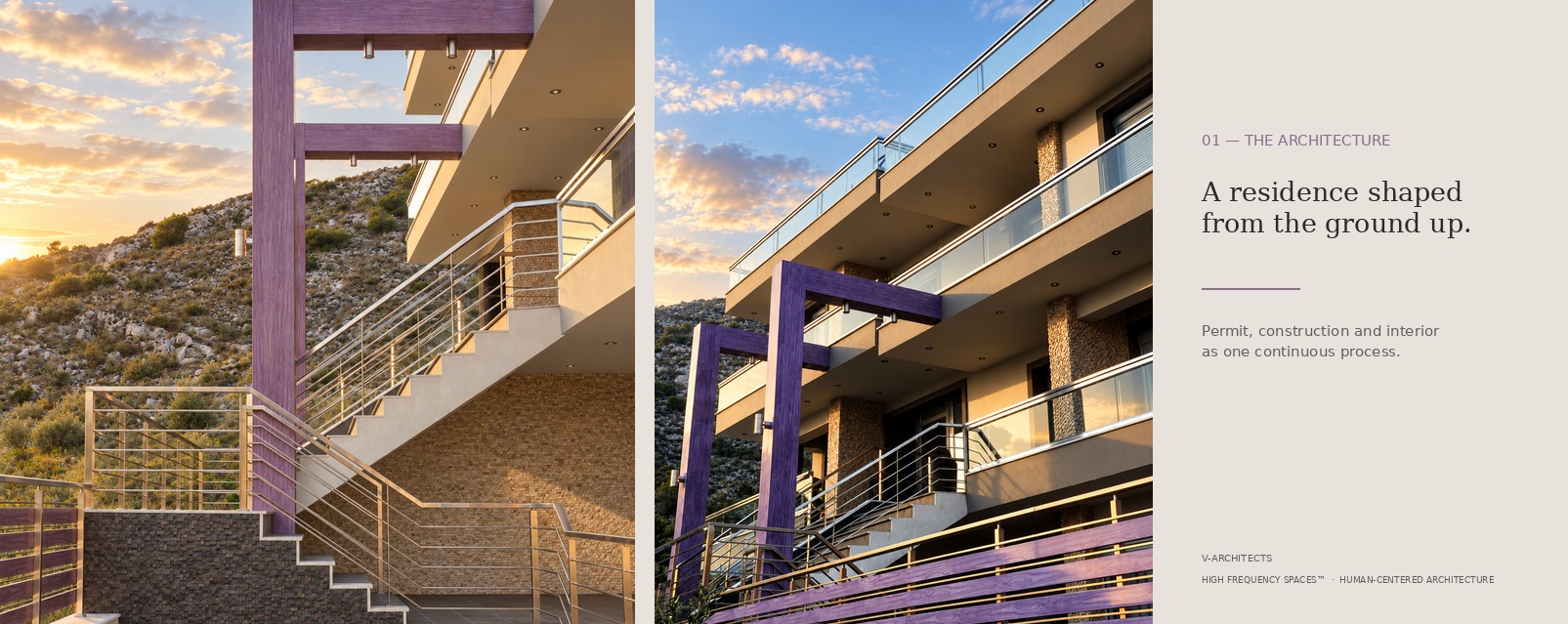Architectural exterior and staircase of the Chaidari residence.