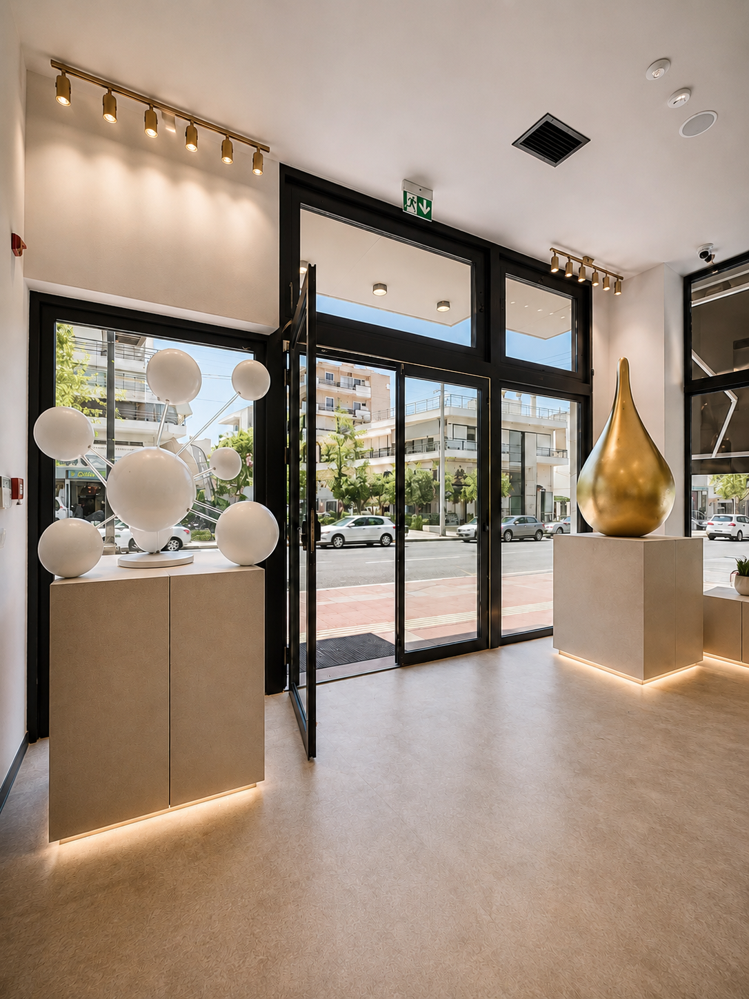 White molecular sculpture and gold drop installation at the entrance of Vast Luxury in Elliniko, Athens, designed by V-Architects.
