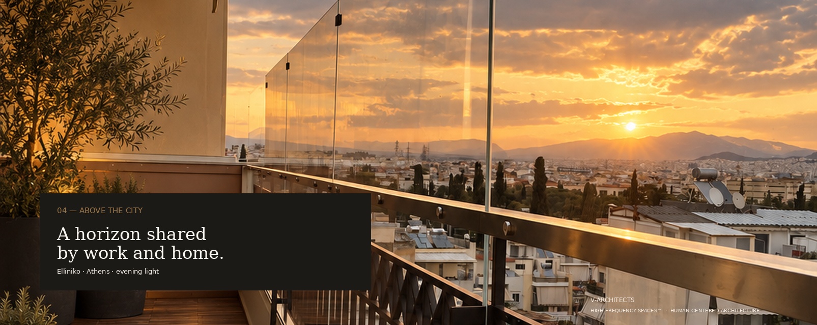 Panoramic sunset balcony view from the Residence–Office Elliniko
