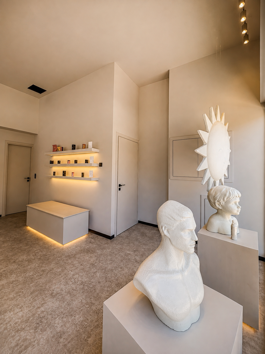 Custom white sculptural busts and illuminated product displays inside Vast Luxury, a High Frequency Spaces™ retail project by V-Architects.