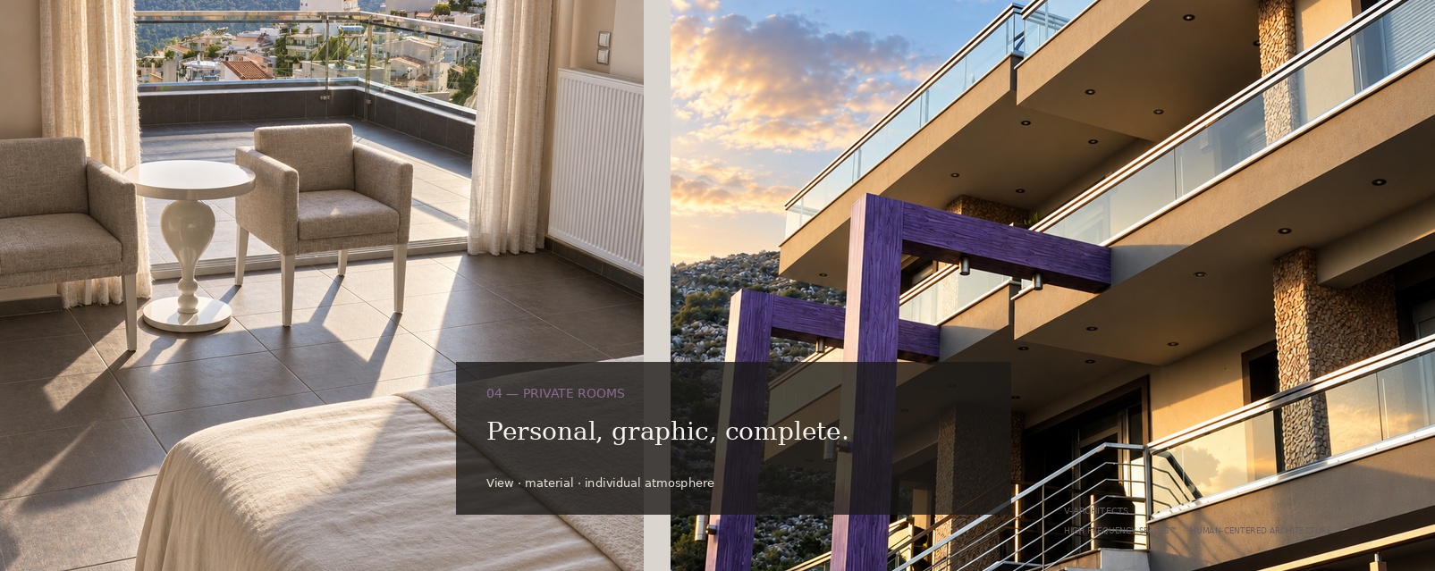 Private rooms and architectural facade details.