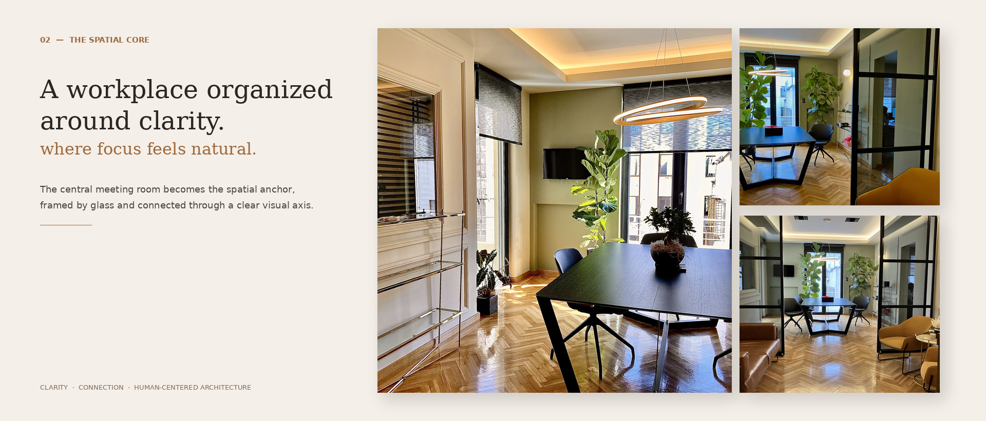 Editorial presentation of the Law Office project in Kolonaki by V-Architects, organized around clarity, focus and human-centered workplace design.