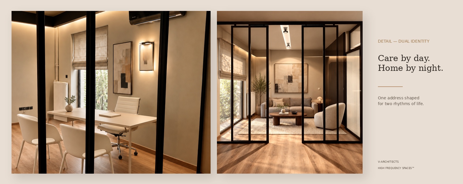 Residence–Office Elliniko dual identity — private medical office and residential lounge by V-Architects