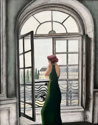 ornate window
french doors
glamorous woman
woman at window
french landscape
italian landscape
france
italy
iconic
movie
oil painting
edward hopper style