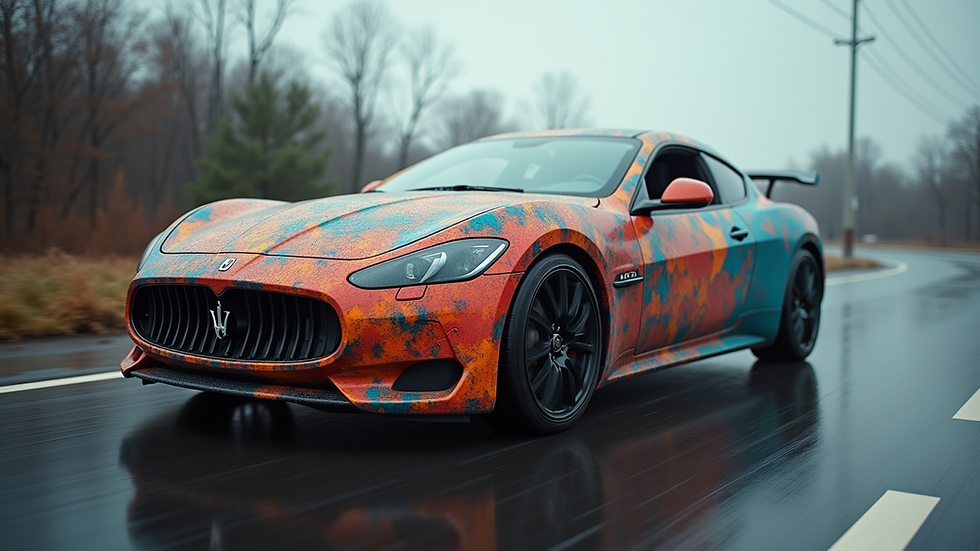 Eye-level view of a car with a vibrant wrap design