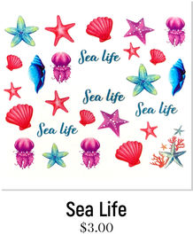 Sea Life Nail Art Water Decals. Fun red and blue ocean nail designs, including seashells, starfish, clams, jellyfish and sea life text. Jaysea Nails nail decals.