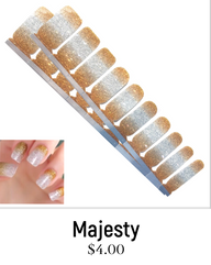 Majesty Nail Polish Wraps. Glitter gold to silver ombre nails made with 10-free nail polish. Jaysea Nails Christmas lacquer strips nail stickers.