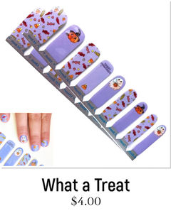 What a Treat Kids Nail Polish Wraps. Adorable Halloween nails for kids with trick or treating ghosts, candy and jack-o-lanterns with witches hands on purple nail polish base. Jaysea Nails kids lacquer strips nail stickers.