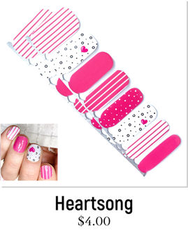 Heartsong Thin Nail Polish Wraps. Fun pink nails with stripes, polka dots, and hearts. Jaysea Nails Valetine's Day lacquer strips nail stickers.