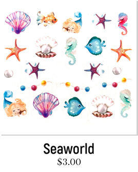 Seaworld Nail Art Water Decals. Pretty purple, blue, orange, and more ocean nail designs, including mermaids, seashells, fish, starfish, clams, and pearls. Jaysea Nails nail decals.