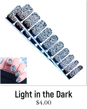Light in the Dark Nail Polish Wraps. Elegant black nails with glamorous silver sequin nail art. Jaysea Nails lacquer strips nail stickers.