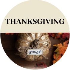 Text: Thanksgiving
Image of bronzed pumpkin and orange Fall leaves