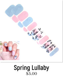 Spring Lullaby Nail Polish Stickers.  Pretty light blue and light pink pastel nails with foliage nail art and ombre accent nails. Jaysea Nails lacquer strips nail polish wraps. 