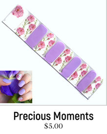 Precious Moments Nail Polish Wraps. A dainty floral manicure with pink peonies, white background, and pastel purple accent nails. Jaysea Nails Spring lacquer strips nail stickers. Easter manicure.