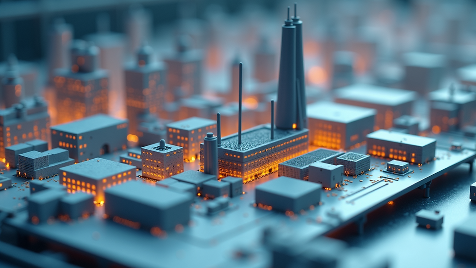 Close-up view of a digital twin model of a manufacturing plant