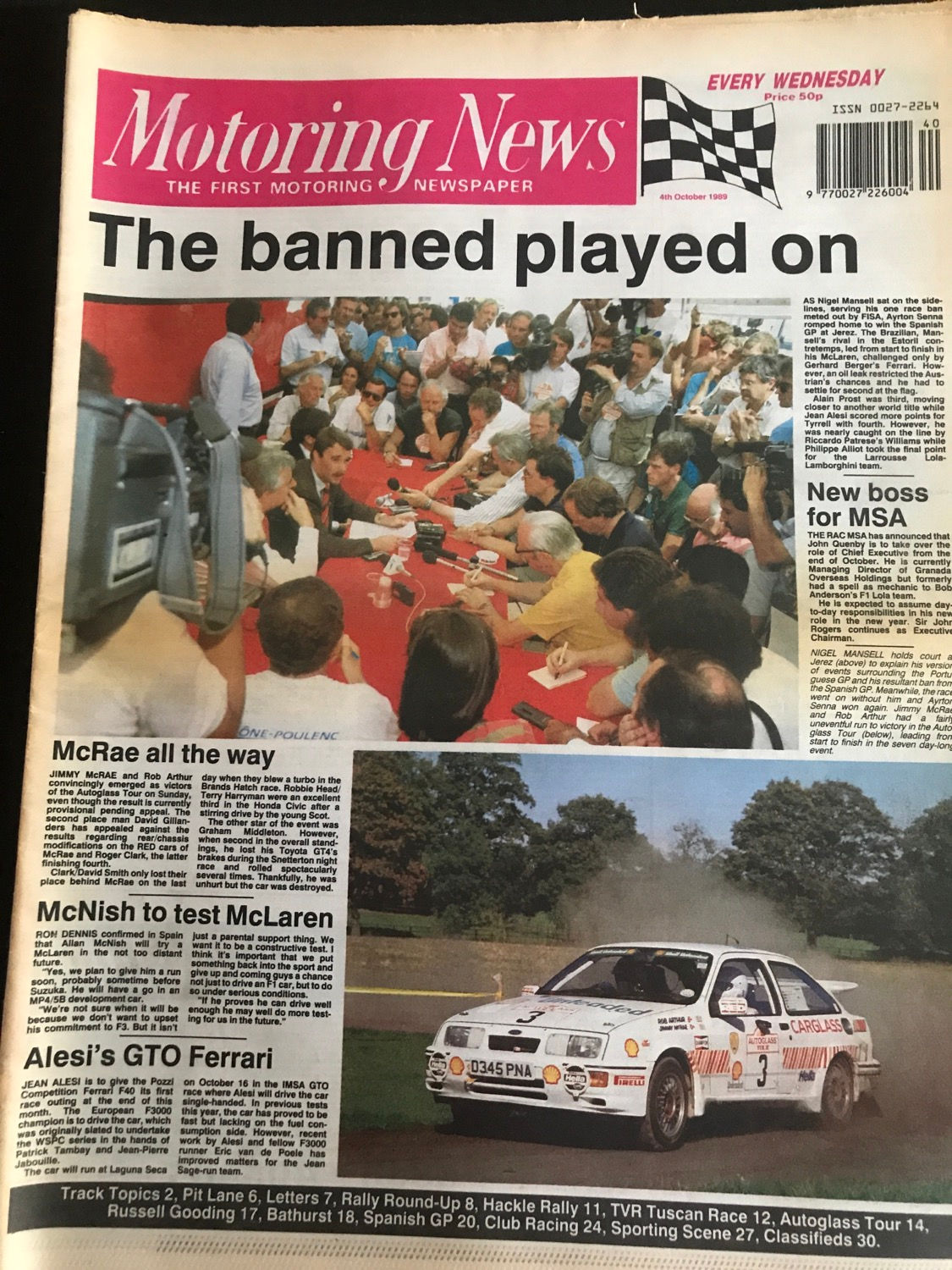 Motoring News 4 October 1989 Senna Wins Spanish F1 GP McRae Autoglass Tour