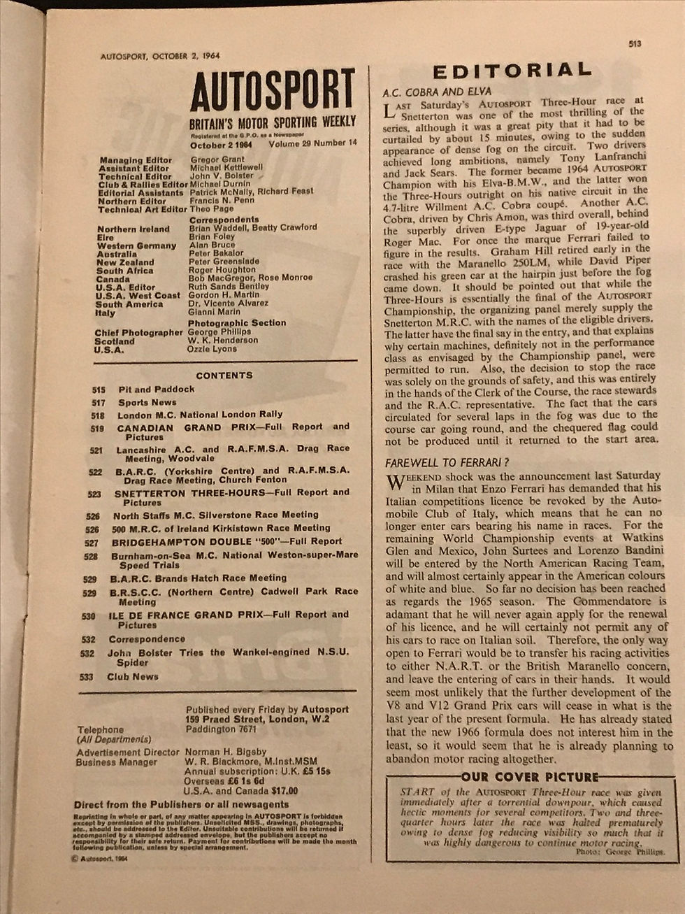 Thumbnail: Autosport 2 October 1964 Jack Sears AC Cobra win Snetterton 3 hrs Weston speed